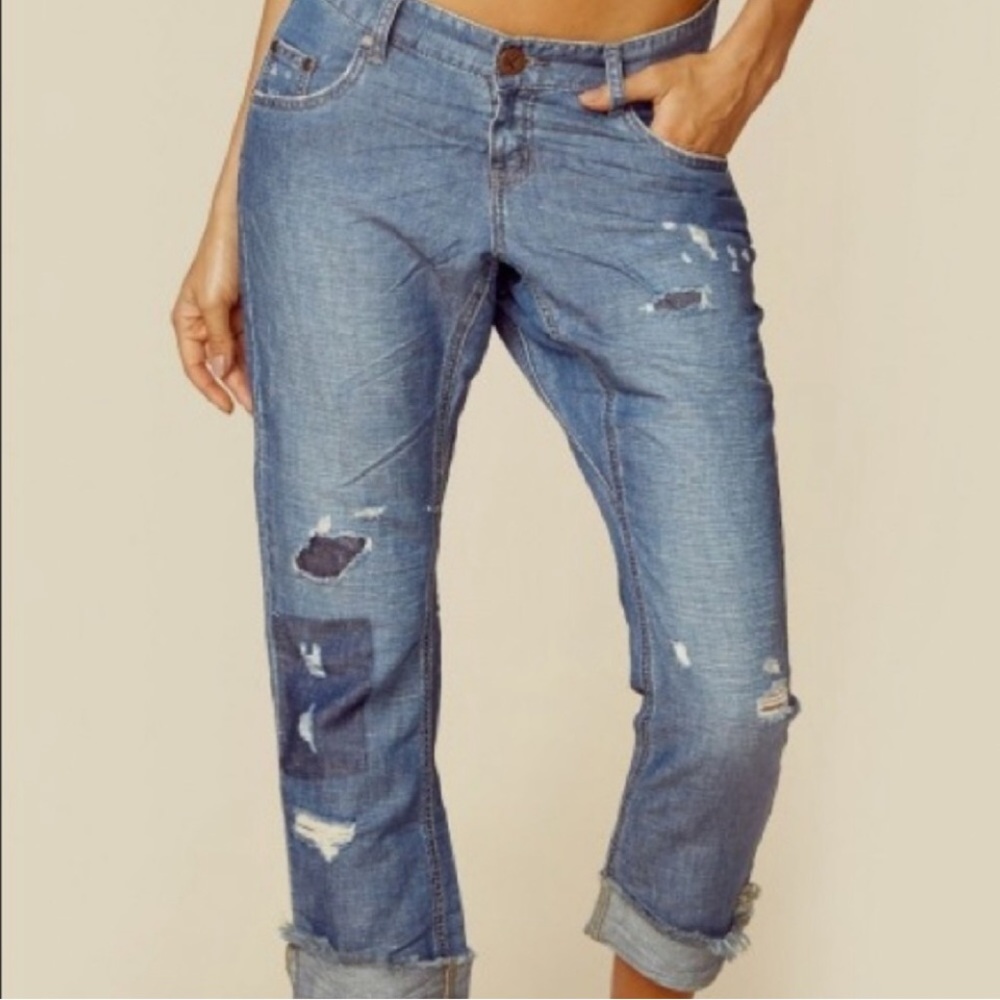 Free People Distressed Boyfriend Jeans in Medium Blue
